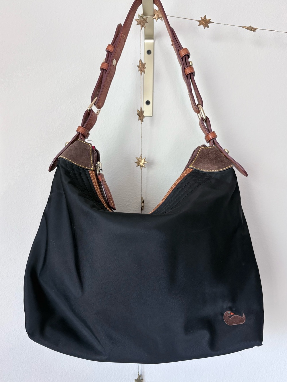 Dooney & Bourke Black Nylon Hobo Bag | Brown Leather Trim | Duck Logo